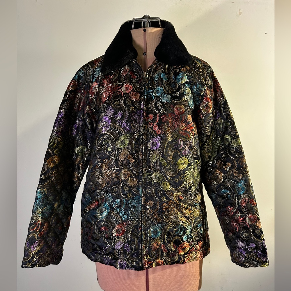 Vintage Chico Designs quilted fur collar rainbow floral brocade jacket size S